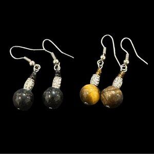 Tigers Eye & Black Onyx Gemstone Dangle Earrings With Silver-Tone Details